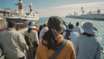 refugees arriving by sea on ships and boats, migration and waves of refugees - obrazy, fototapety, plakaty