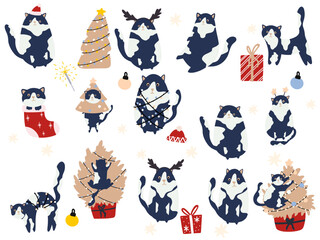 Funny Christmas cat set. Collection drawing of cute cats with garland, Christmas tree, gift box. Design suitable for banner, invitation, card, greeting, banner, cover