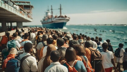 refugees arriving by sea on ships and boats, migration and waves of refugees - obrazy, fototapety, plakaty