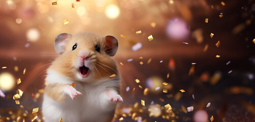 Excited hamster caught in a moment of celebration, with glittering confetti and warm bokeh lighting up the festive ambiance. Concept: party, celebration, birthday
