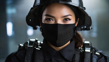 Naklejka premium special police or army unit in black clothes and partially masked, caucasian woman