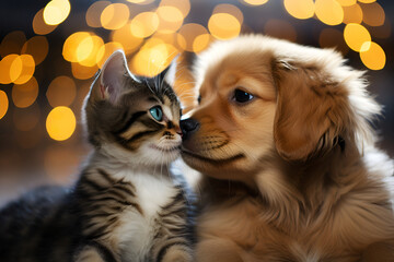Kitten and puppy sharing a loving look. Concept: party, celebration, birthday