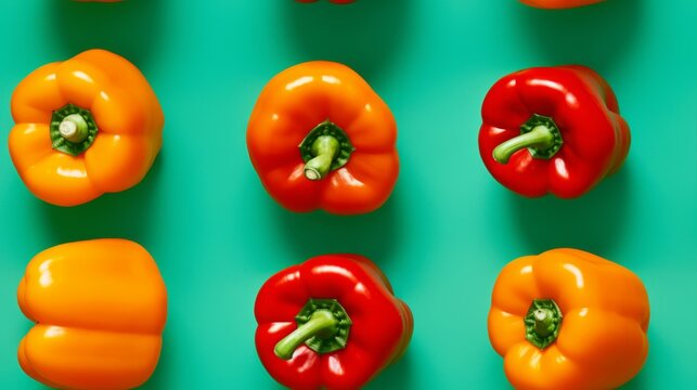 Fresh Organic Bell Pepper Vegetable Photorealistic Horizontal Seamless Background. Healthy Vegetarian Diet. Ai Generated Seamless Background with Juicy Bell Pepper Vegetable Arranged in lines.