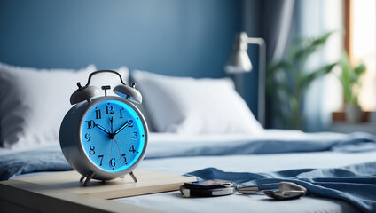 Round alarm clock in the bedroom, morning - obrazy, fototapety, plakaty