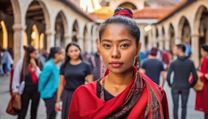 Obraz premium woman in ponytail, red shawl, serious expression in diverse crowd