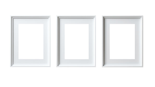 Set of empty white picture frames. Blank white picture frames mockup template isolated on transparent background