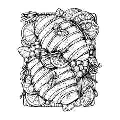 Fototapeta premium Sliced grilled beef steak on cutting board sketch. Hand drawn vector illustration. Top view.