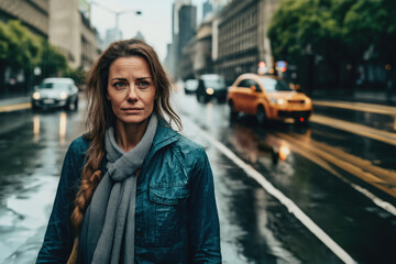 Fototapeta premium worried caucasian woman on street, emotional turmoil , a rainy bad day