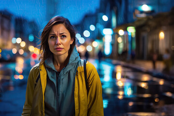 worried caucasian woman on street, emotional turmoil , a rainy bad day - obrazy, fototapety, plakaty