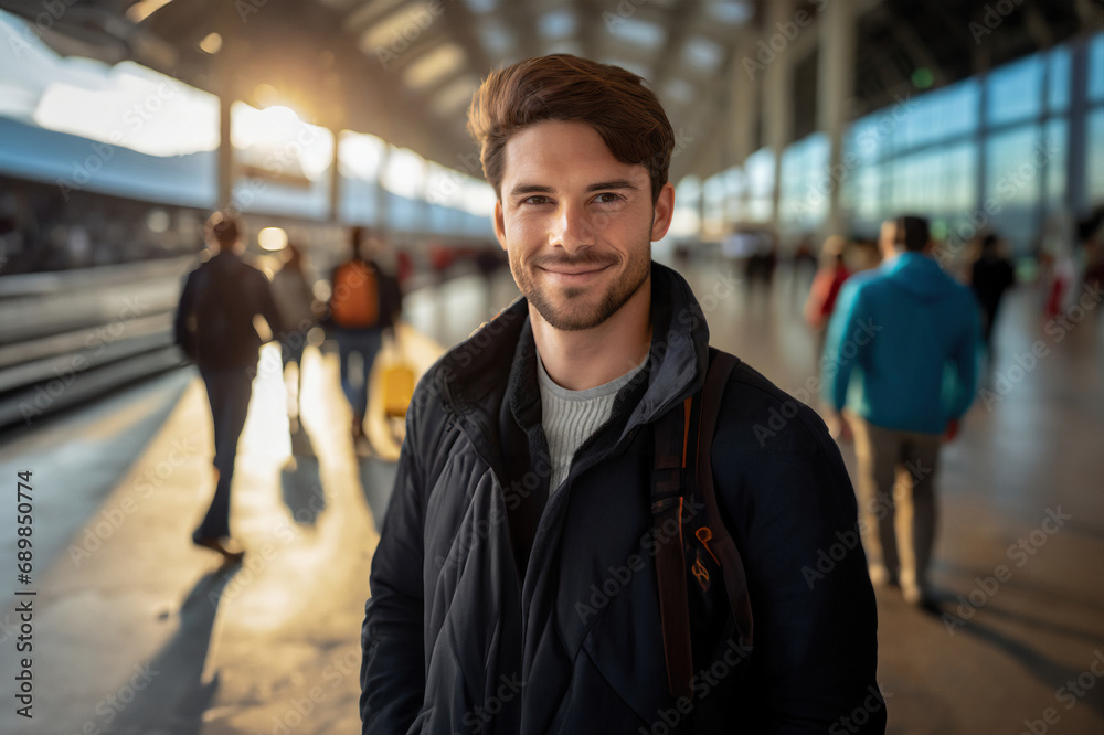 Wall mural young adult man, at the airport or train station