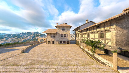 山頂の石造りの家　3DCG レンダリング