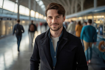 Fototapeta premium young adult man, at the airport or train station