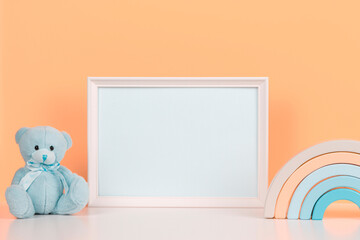 White blank horizontal wooden frame mockup, baby room art, empty wood blank frame with baby kid...