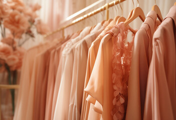 Clothes hang on a shelf in a designer clothes store. Rack with classic women's fashion clothes. Clothing retails concept. Advertise, sale, fashion. Peach fuzz - color of the year 2024 - obrazy, fototapety, plakaty