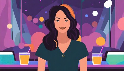  young adult woman is in a bar at night, nightlife