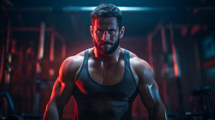 Fototapeta na wymiar Intense athlete's portrait at the peak of a workout, dynamic lighting highlighting muscle definition