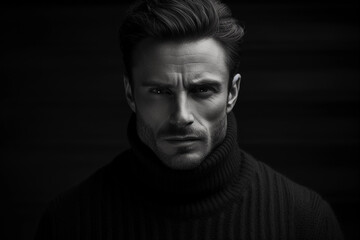 portrait of a male with rugged features, sharp contrast, high texture detail, black turtleneck