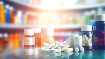 Fotobehang out of focus, blurry, pharmacy shelves with medicines, jars with pills and bottles with medicines, pharmaceutical concept © shustrilka