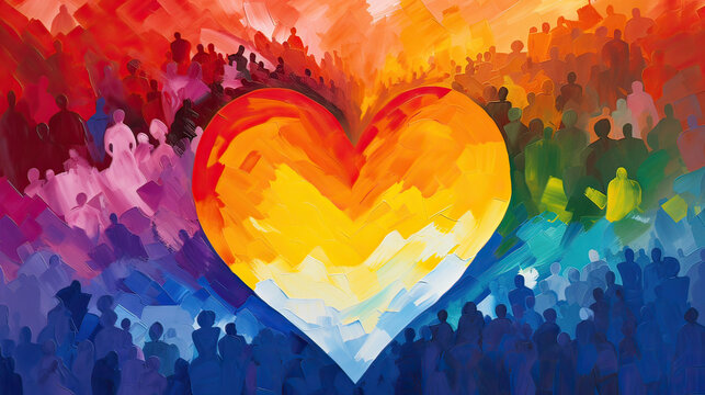Warm hues of a watercolor heart rise above a crowd, representing love and harmony in a diverse community.
