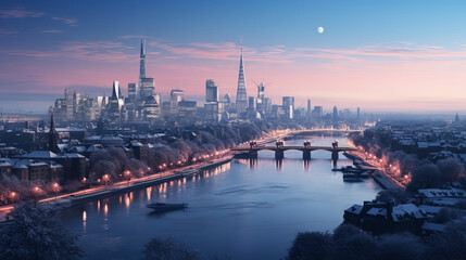 Panoramic view of a winter London city skyline at dusk, with the city lights reflecting off the icy surfaces and creating a magical