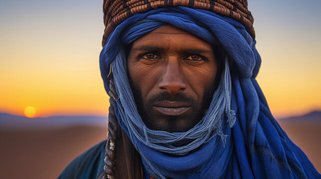 Northern African Tuareg man, traditional indigo tagelmust, desert dunes at sunset, warm golden hues