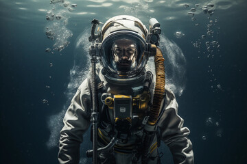 Naklejka premium Portrait showcasing the contrast between an astronaut in a spacesuit and a deep-sea diver in diving gear