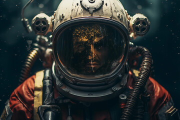 Portrait showcasing the contrast between an astronaut in a spacesuit and a deep-sea diver in diving...