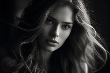 Fototapeta premium Soft monochrome portrait of a young woman, gentle eyes, wispy hair, ethereal lighting