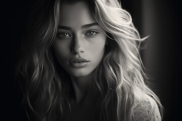 Naklejka premium Soft monochrome portrait of a young woman, gentle eyes, wispy hair, ethereal lighting