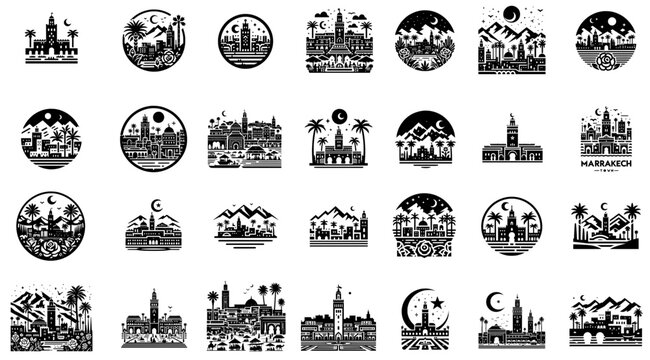 Marrakech City Skyline Vector Silhouette Outlines Icons and Pictograms Set