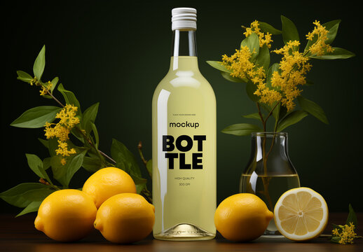 Lemon Drink Bottle Mockup &ndash; Clear Glass Packaging with Citrus Decor and Elegant Shadows