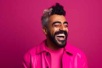 Colorful studio portrait of an ethnic man smiling happily. Pink or magenta dominant color. Generative AI