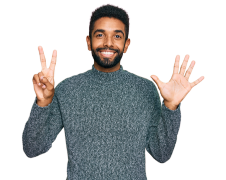 Young african american man wearing casual clothes showing and pointing up with fingers number seven while smiling confident and happy.