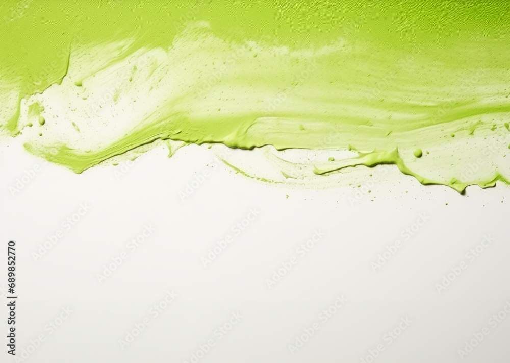 Sticker Vibrant green paint splashes across a white background, full of energy and movement. Empty space for text.