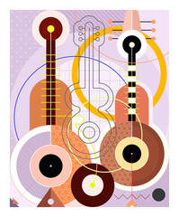 Poster design with guitars and abstract geometric shapes. Modern art collage, creative mix of objects and design elements.