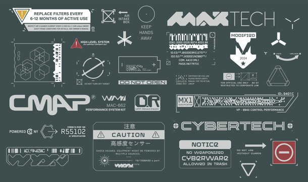 Cyberpunk decals set. Set of vector stickers and labels in futuristic style. Warning signs, futuristic Inscriptions and technical symbols. Japanese hieroglyphs  Caution, sensitive electronic devices
