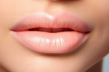 Obraz premium close up macro detail of womans lips with peach fuzz color lipstick, beauty shot