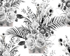 Seamless botanical pattern with watercolor flowers of roses and palm leaves