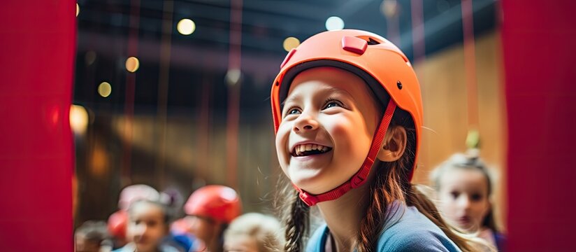 Children's indoor climbing class with happy schoolgirls in red helmets enjoying the bouldering center. - Powered by Adobe
