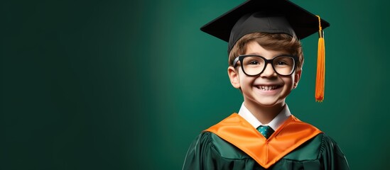 Joyful student in academic cap next to blackboard. Pupil wearing green glasses and orange uniform. - Powered by Adobe