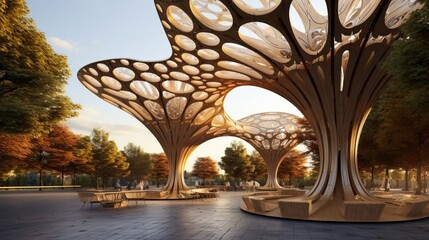Obraz premium An expansive parametric park pavilion featuring intricate, fractal-inspired patterns, providing both shade and aesthetic appeal