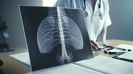 a radiology doctor examining a chest X-ray film of a patient in a hospital room, highlighting the precision and professionalism of medical diagnostics.