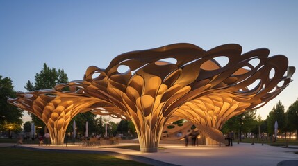 An expansive parametric park pavilion featuring intricate, fractal-inspired patterns, providing both shade and aesthetic appeal
