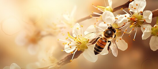 Honey bee gathering manuka pollen and nectar for medicinal honey. - obrazy, fototapety, plakaty