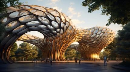 An expansive parametric park pavilion featuring intricate, fractal-inspired patterns, providing both shade and aesthetic appeal