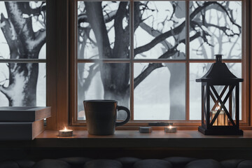 3D rendering of decorated windowsill with view of snow covered trees