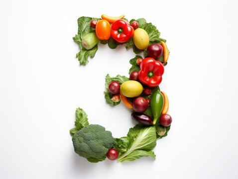 The Number 3 Crafted from an Array of Fresh Vegetables, Showcasing Vibrant Nutrition and Wholesome Dietary Diversity