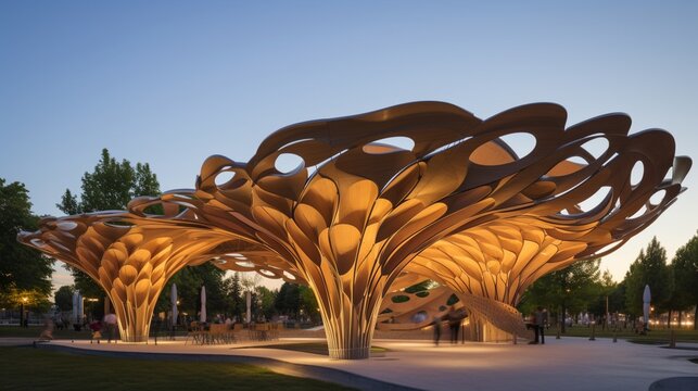 An expansive parametric park pavilion featuring intricate, fractal-inspired patterns, providing both shade and aesthetic appeal
