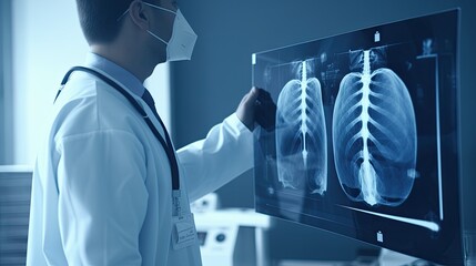 a radiology doctor examining a chest X-ray film of a patient in a hospital room, highlighting the precision and professionalism of medical diagnostics.