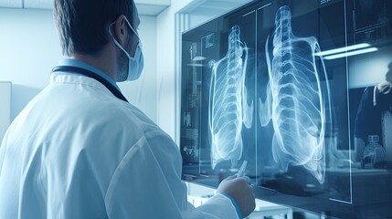 a radiology doctor examining a chest X-ray film of a patient in a hospital room, highlighting the precision and professionalism of medical diagnostics.